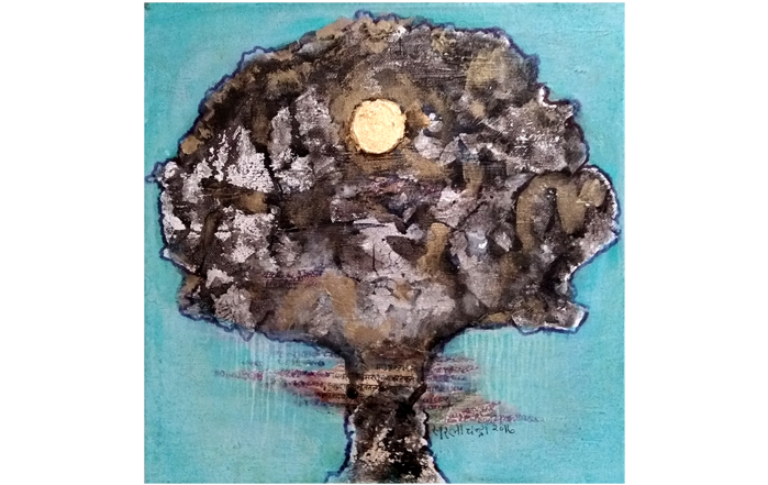 SC12 
Water, Tree 
Mixed media, Gold and Silver foil on canvas 
12 x 12 inches 
Unavailable (Can be commissioned)